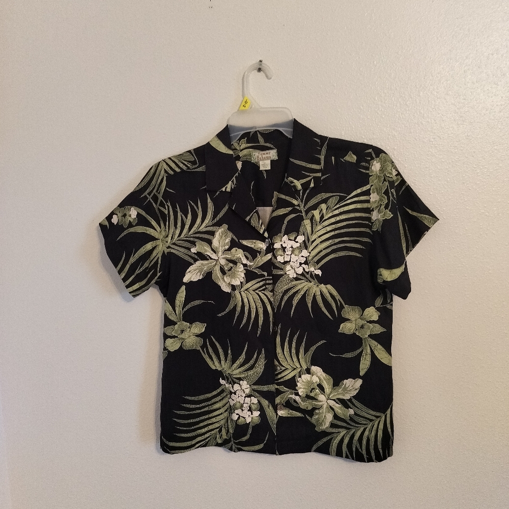 Tommy Bahama 100% Silk Mens Button Down Shirt‎ Black/Green Size M Beach Casual